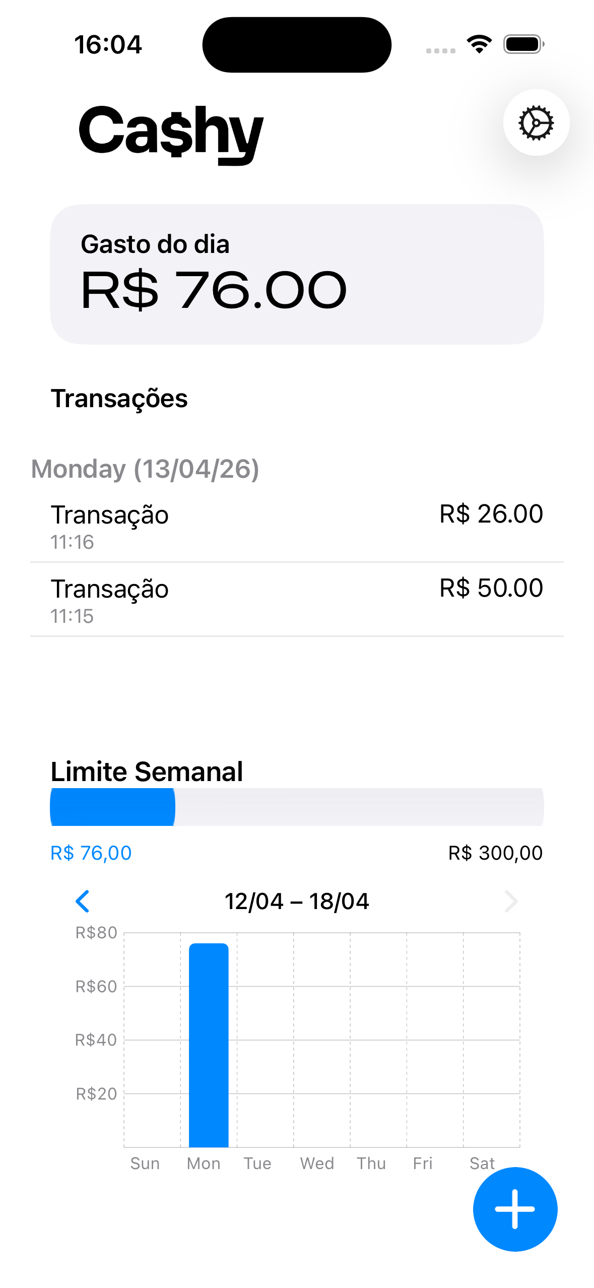 Ca$hy — tela inicial com gasto do dia e transações